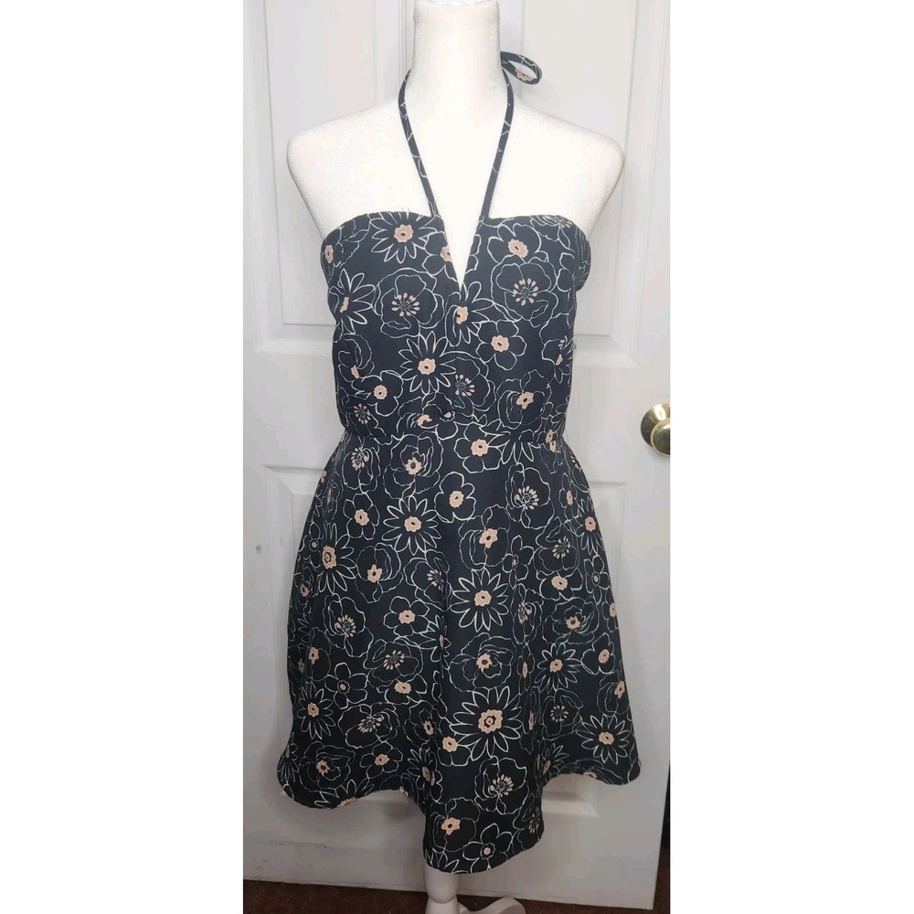 NWT J.O.A JOA Los Angeles Eustace Flower Print Mini Halter Dress Navy Blue Sz M